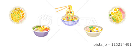 Asian Noodles in Bowl with Different Ingredient with Chopstick Vector Set Asian Noodles in Bowl with Different Ingredient with Chopstick Vector Set 115234491