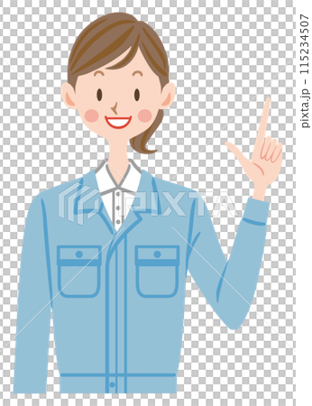 穿著工作服的女人解釋,上班族,指著姿勢 穿著工作服的女人解釋,上班族,指著姿勢 115234507