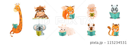 Cute Animal Character Reading Book Enjoying Interesting Story Vector Set 115234531