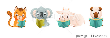 Cute Animal Character Reading Book Enjoying Interesting Story Vector Set 115234539