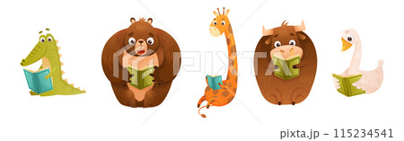 Cute Animal Character Reading Book Enjoying Interesting Story Vector Set Cute Animal Character Reading Book Enjoying Interesting Story Vector Set 115234541