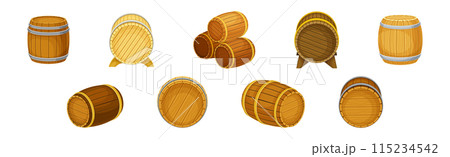 Wooden Barrel or Cask for Brewing Alcohol Vector Set 115234542