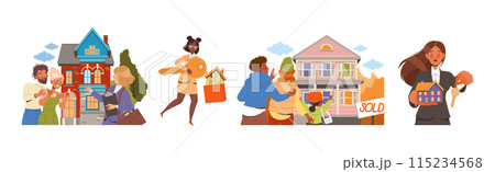 Happy People Character Buying Real Estate and Residential House Vector Set Happy People Character Buying Real Estate and Residential House Vector Set 115234568