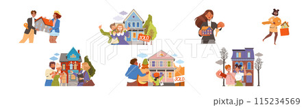 Happy People Character Buying Real Estate and Residential House Vector Set Happy People Character Buying Real Estate and Residential House Vector Set 115234569