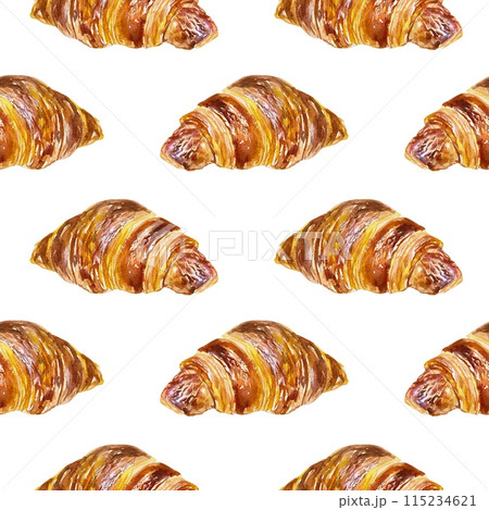 Croissants seamless pattern. French pastries. Watercolor illustration isolated on white background. Cards, wrapping paper, wallpaper, textiles, covers Croissants seamless pattern. French pastries. Watercolor illustration isolated on white background. Cards, wrapping paper, wallpaper, textiles, covers 115234621