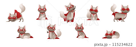 Grey Cat Superhero Character Wearing Red Cloak and Mask Vector Set. 115234622
