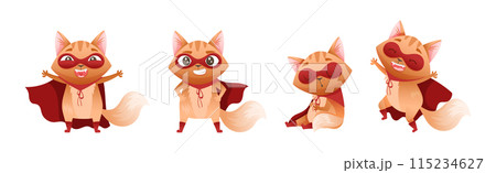 Ginger Cat Superhero Character Wearing Red Cloak and Mask Vector Set Ginger Cat Superhero Character Wearing Red Cloak and Mask Vector Set 115234627