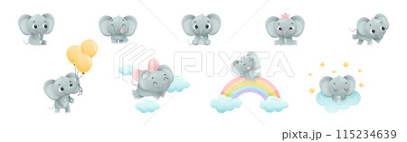 Funny Grey Elephant with Large Ear Flaps and Trunk Enjoying Different Activity Vector Set Funny Grey Elephant with Large Ear Flaps and Trunk Enjoying Different Activity Vector Set 115234639