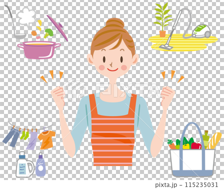 Housewives working hard at housework: cooking, laundry, cleaning, shopping 115235031