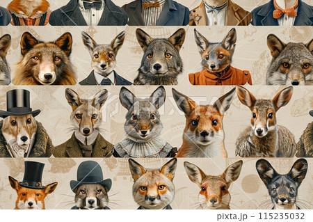 Seamless pattern of different forest animals dressed in victorian era clothing, isolated on white background illustration Seamless pattern of different forest animals dressed in victorian era clothing, isolated on white background illustration 115235032