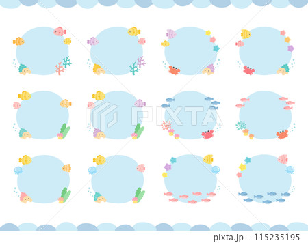 夏の海のフレームセット、かわいい魚や海の生き物たちをあしらった飾り枠のイラストセット01 115235195