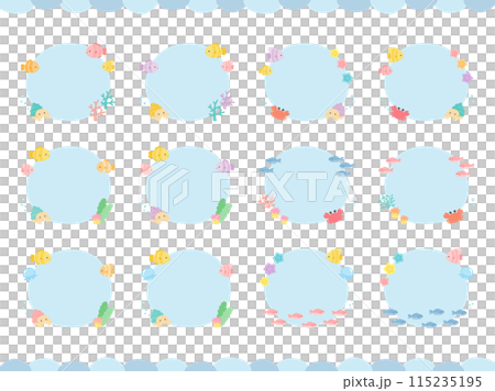 夏の海のフレームセット、かわいい魚や海の生き物たちをあしらった飾り枠のイラストセット01 115235195