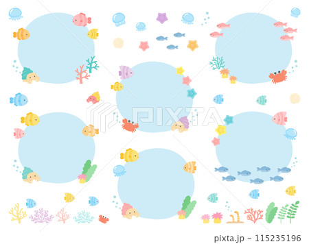夏の海のフレームセット、かわいい魚や海の生き物たちをあしらった飾り枠のイラストセット02 115235196