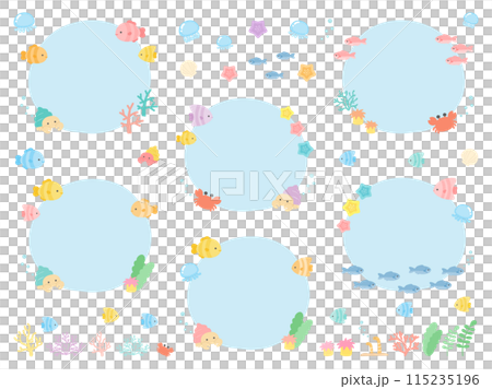 夏の海のフレームセット、かわいい魚や海の生き物たちをあしらった飾り枠のイラストセット02 115235196