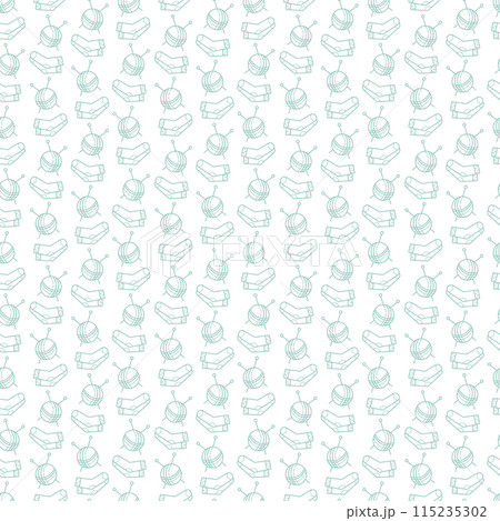 Seamless pattern with a skein of yarn, knitting needles, socks. Doodle vector outline illustration. 115235302
