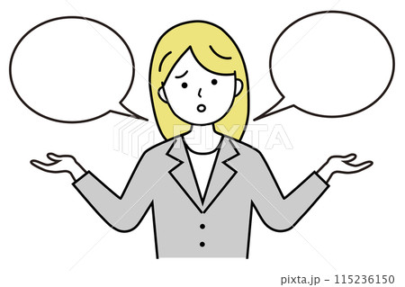 グレーのスーツを着た困った表情で説明する女性ビジネスウーマンのイラスト素材 グレーのスーツを着た困った表情で説明する女性ビジネスウーマンのイラスト素材 115236150