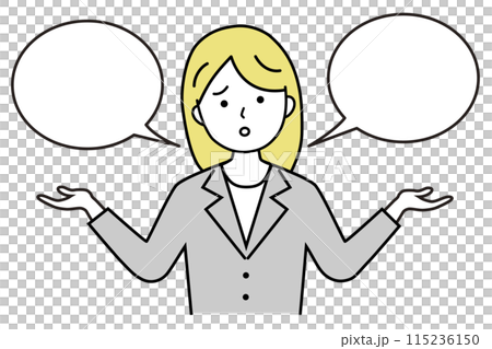 グレーのスーツを着た困った表情で説明する女性ビジネスウーマンのイラスト素材 グレーのスーツを着た困った表情で説明する女性ビジネスウーマンのイラスト素材 115236150