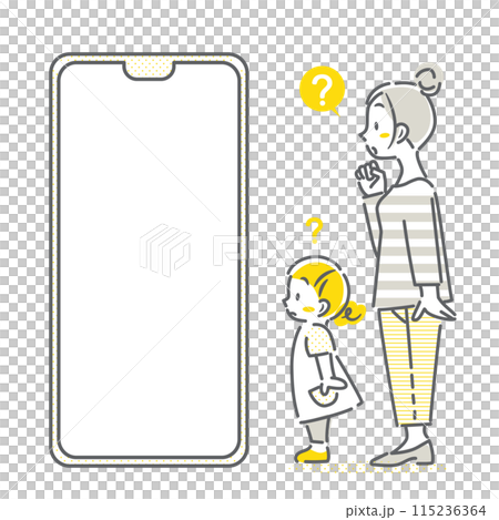 A mother and a little girl looking at a smartphone screen. Simple and stylish line drawing illustration 115236364