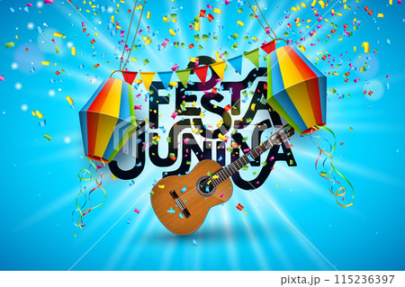 Festa Junina Illustration with Portugal Arraia Lettering on Vintage Wood Board on Sky Blue Background. Vector Brazil June Sao Joao Festival Design with Party Flags and Paper Lantern for Greeting Card Festa Junina Illustration with Portugal Arraia Lettering on Vintage Wood Board on Sky Blue Background. Vector Brazil June Sao Joao Festival Design with Party Flags and Paper Lantern for Greeting Card 115236397