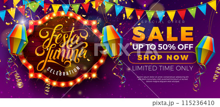 Festa Junina Sale Promotional Business Illustration with Paper Lantern, Party Flag and Typography Letter on Light Bulb Billboard on Purple Background. Vector Festa de Sao Joao Special Offer Festa Junina Sale Promotional Business Illustration with Paper Lantern, Party Flag and Typography Letter on Light Bulb Billboard on Purple Background. Vector Festa de Sao Joao Special Offer 115236410