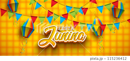 Festa Junina Illustration with Party Flag, Colorful Paper Lantern and 3d Typography Letter on Yellow Checkered Background. Vector Festa de Sao Joao Brazilian June Traditional Holiday Festival Design 115236412