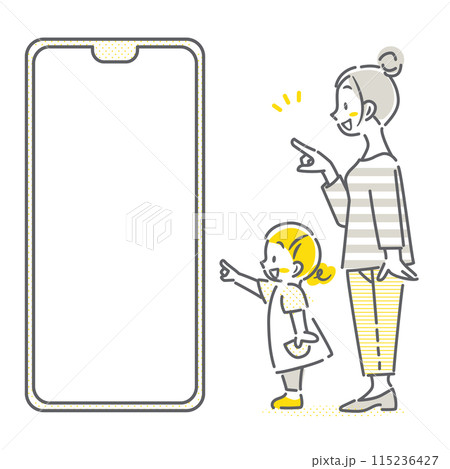スマホ画面を見るお母さんと小さな女の子　シンプルでお洒落な線画イラスト 115236427
