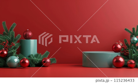 An abstract red background with empty podiums and Christmas ornaments on a green spruce. Empty festive showcase for product presentations. 115236433