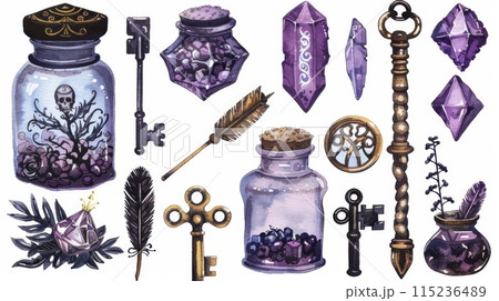 A collection of vintage esoteric objects, including an arrow, an amethyst crystal, a poison jar and a black key. Festive ornaments. Magical design elements collection. A collection of vintage esoteric objects, including an arrow, an amethyst crystal, a poison jar and a black key. Festive ornaments. Magical design elements collection. 115236489