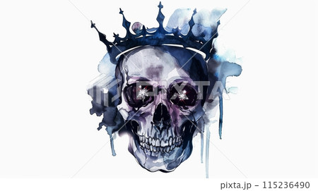 Magical watercolor illustration of gothic mask. Day of the dead. Isolated white clip art illustration of black skull with crown and sparkly eyes. 115236490
