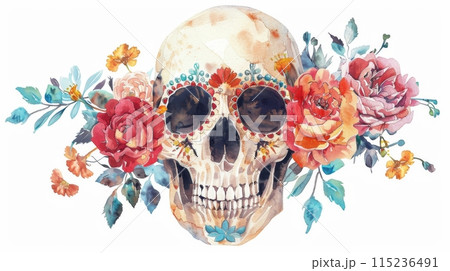 The skull of a human being embellished with flowers. A festive watercolor illustration of the mask of a human being. Day of the dead clipart isolated on white. 115236491