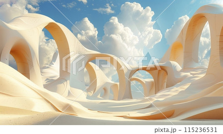 Desert landscape with sand dunes, square arches, and white clouds in 3D. 115236531
