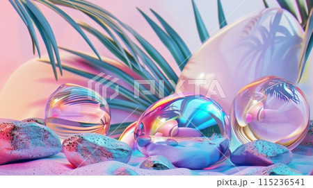 Rendering of abstract iridescent glass shapes, smooth pebble and tropical palm leaf, trendy colorful background Rendering of abstract iridescent glass shapes, smooth pebble and tropical palm leaf, trendy colorful background 115236541