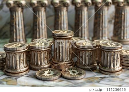 A pile of currency coins placed on a flat surface 115236626