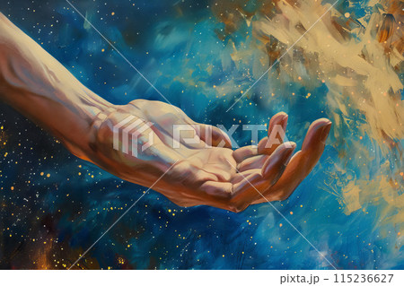 A hand reaches up to the sky, expressing emotion and connection with the cosmos 115236627