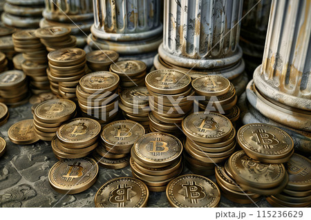 A large stack of shiny gold coins emblazoned with the letter b 115236629
