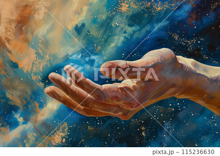 Painting of hand reaching to sky with water, paint, and electric blue 115236630