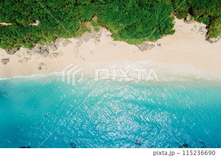 Paradise sandy beach with turquoise ocean in Bali. Aerial view 115236690
