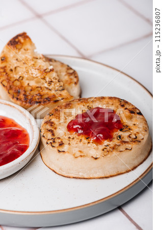 British popular breakfast - toasted crumpets British popular breakfast - toasted crumpets 115236807
