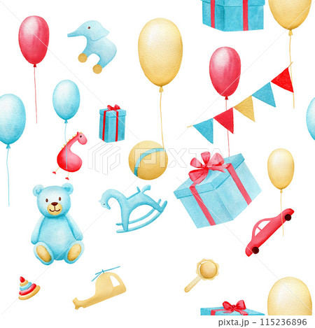 Seamless watercolor pattern with blue bear, gift box, flags, air balloons, car, ball, elephant. Handmade watercolor illustration on white background Seamless watercolor pattern with blue bear, gift box, flags, air balloons, car, ball, elephant. Handmade watercolor illustration on white background 115236896