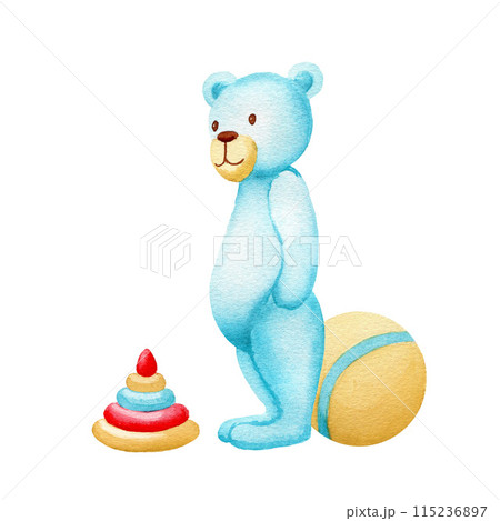 Watercolor blue teddy bear standing with a ball and a pyramid. Cute baby hand drawn illustration for greeting cards, kid posters, decor 115236897