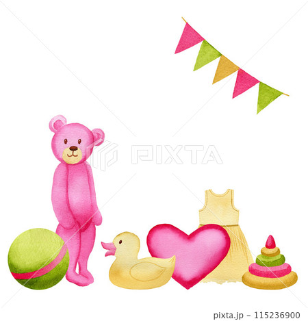 Watercolor pink teddy bear standing with a ball, flags, pyramid, toy duck, heart, dress. Cute baby hand drawn illustration for cards, postcards, label Watercolor pink teddy bear standing with a ball, flags, pyramid, toy duck, heart, dress. Cute baby hand drawn illustration for cards, postcards, label 115236900