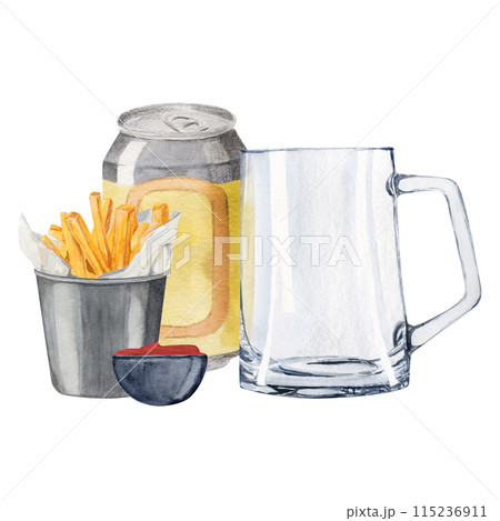 composition of beer can with glass for beer and snack bucket of French Fries and sauce composition of beer can with glass for beer and snack bucket of French Fries and sauce 115236911