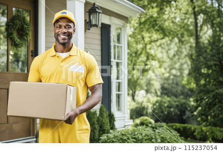 Delivery black man with cardboard box. Delivery man in yellow uniform holds package and ready to deliver it to house 115237054