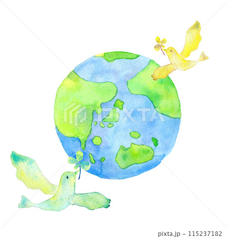 青い地球と幸福の鳥　水彩イラスト 115237182