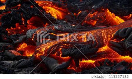 A detailed view of a powerful lava stream flowing, showcasing the intense heat and molten textures of the lava 115237183