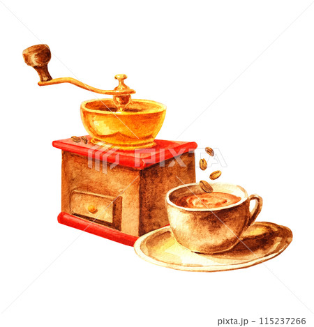 Art everything for a coffee break. Set of utensils for coffee and cafe drawn by hand in watercolor 115237266