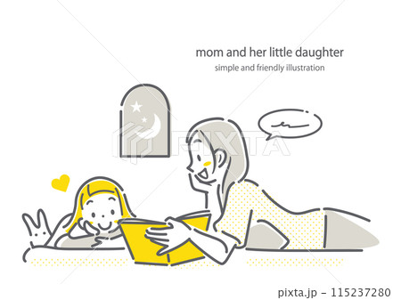 寝る前に一緒に絵本を楽しむ若いお母さんと小さな女の子 シンプルでお洒落な線画イラスト 寝る前に一緒に絵本を楽しむ若いお母さんと小さな女の子 シンプルでお洒落な線画イラスト 115237280