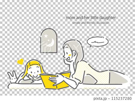 A young mother and a little girl enjoying a picture book together before bedtime. Simple and stylish line drawing illustration 115237280