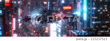 Futuristic future city with flying passenger drone, aerial view of flying drone 115237323