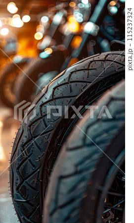 Stack of tires on background of motorcycles 115237324